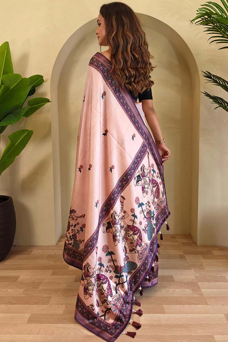 Sizzling Pink Kalamkari Printed Viscose Dola Silk Saree With Pretty Blouse Piece - Image 4