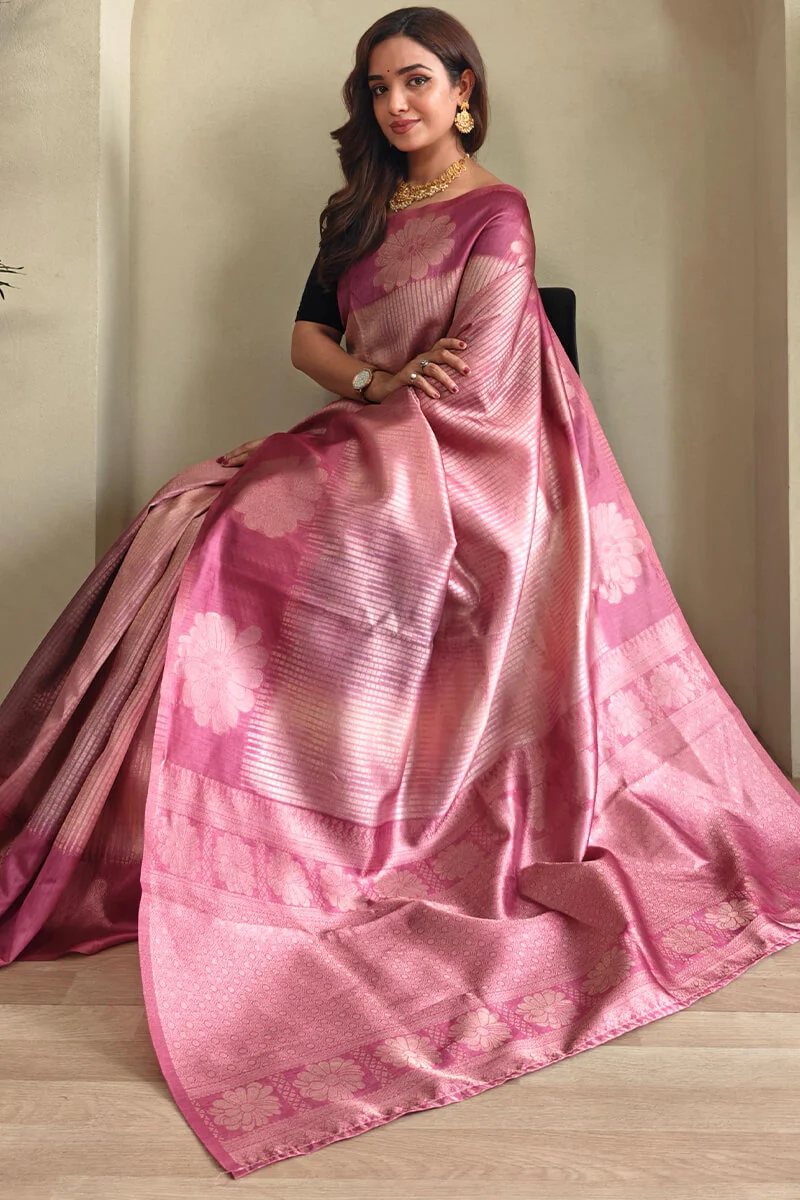 Sizzling Pink Soft Banarasi Silk Saree With Delightful Blouse Piece - Image 2