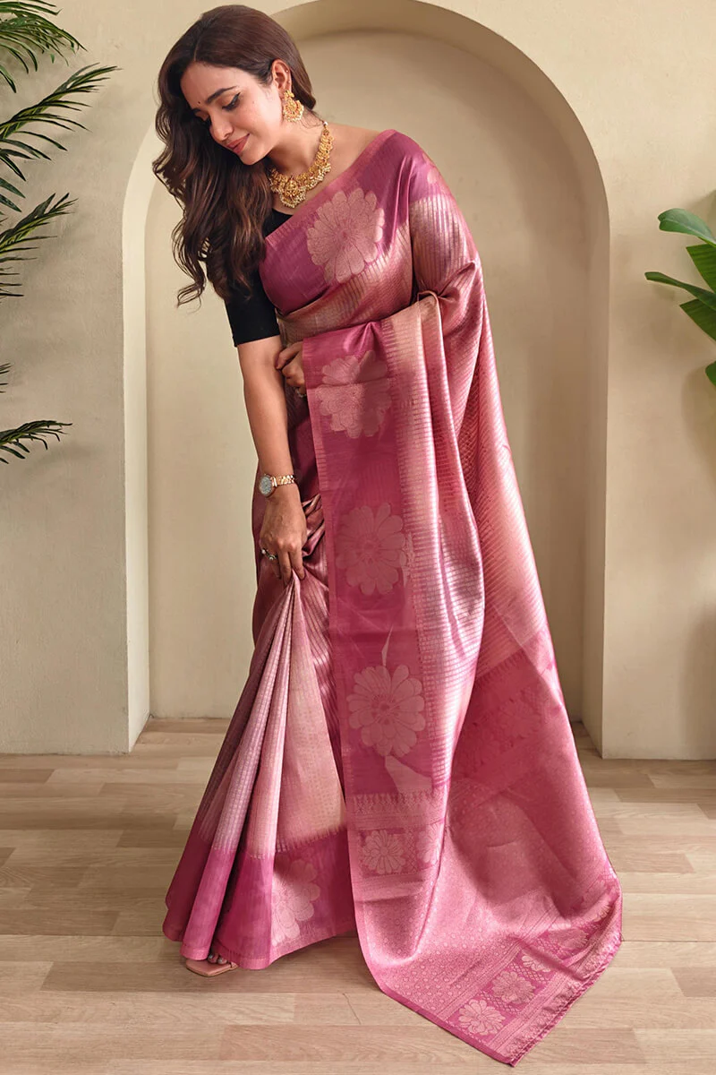 Sizzling Pink Soft Banarasi Silk Saree With Delightful Blouse Piece - Image 3