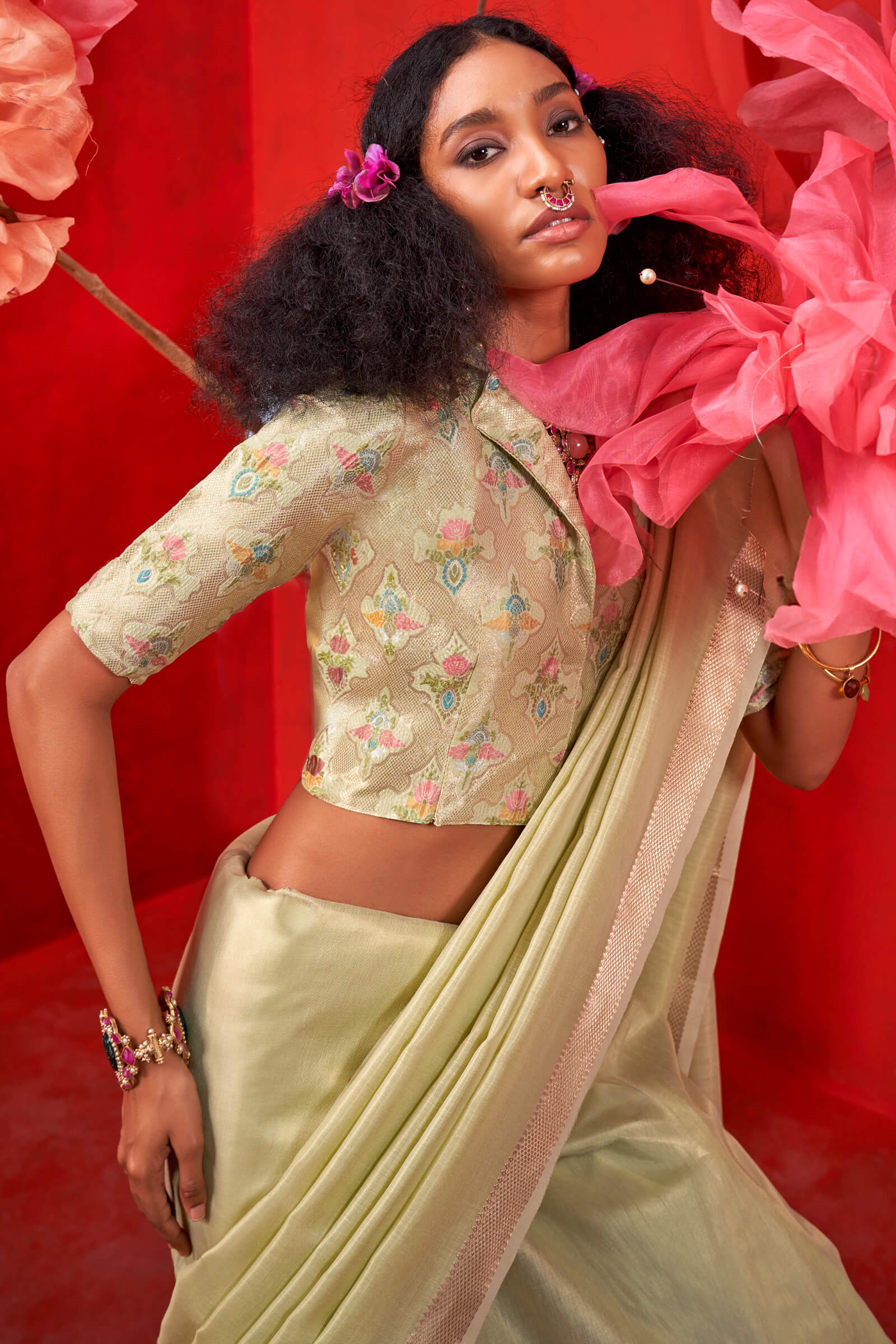 Sizzling Pista Soft Banarasi Tissue Silk Saree With Radiant Blouse Piece - Image 2