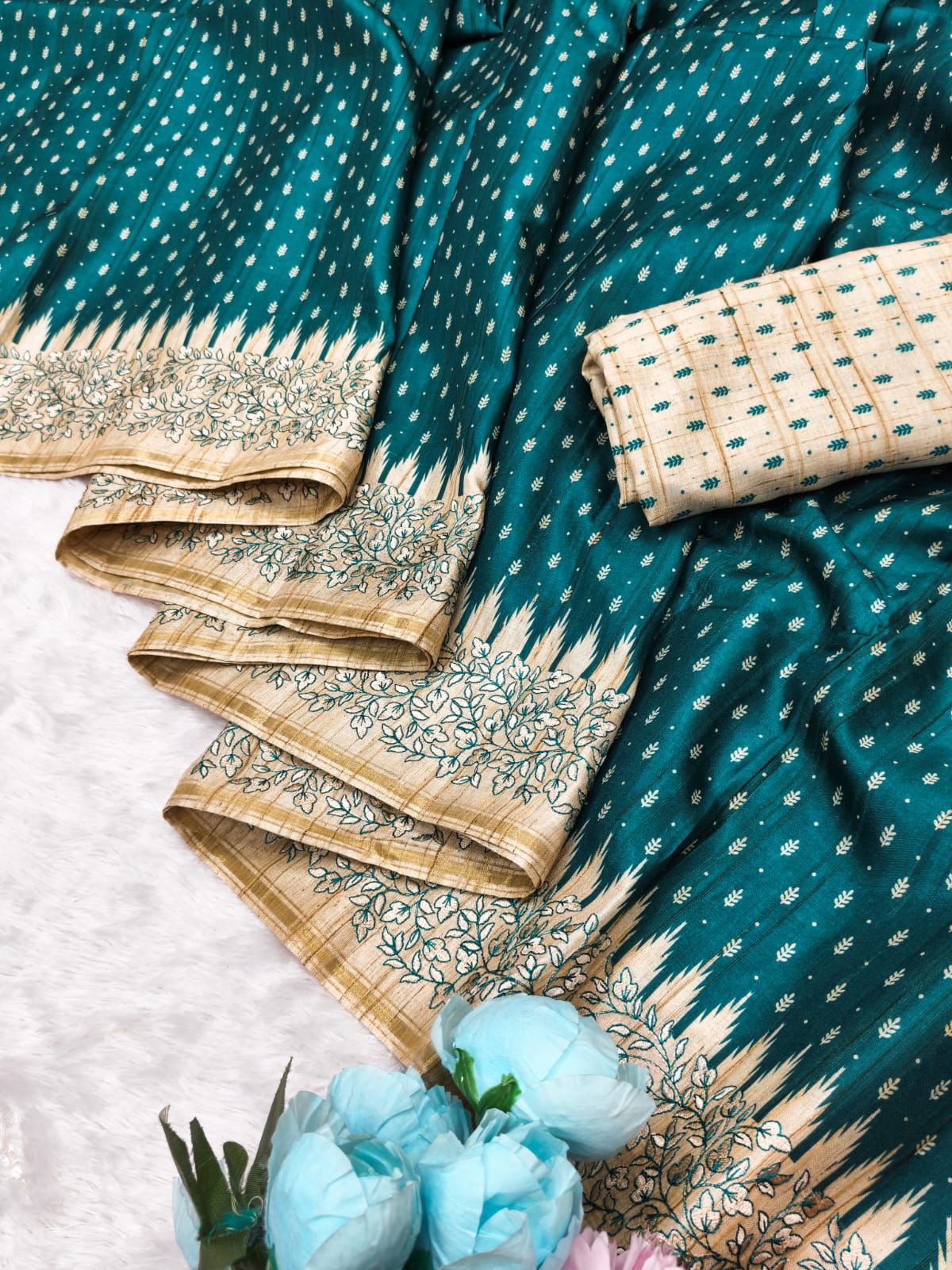 Sizzling Rama Embroidery Work Tussar Silk Saree With Prettiest Blouse Piece - Image 4