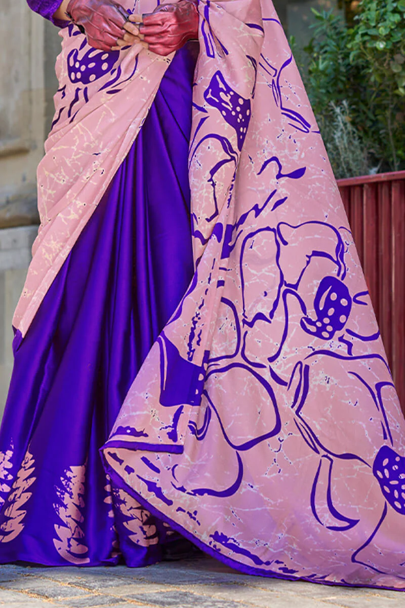 Sizzling Royal Blue and Pink Digital Printed Satin Silk Saree With Gorgeous Blouse Piece - Image 3