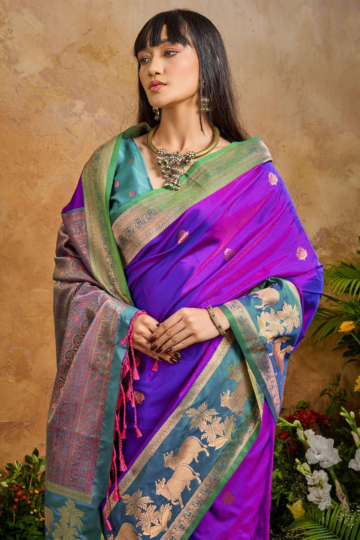 Sizzling Royal Purple Soft Banarasi Silk Saree With Inspiring Blouse Piece - Image 2