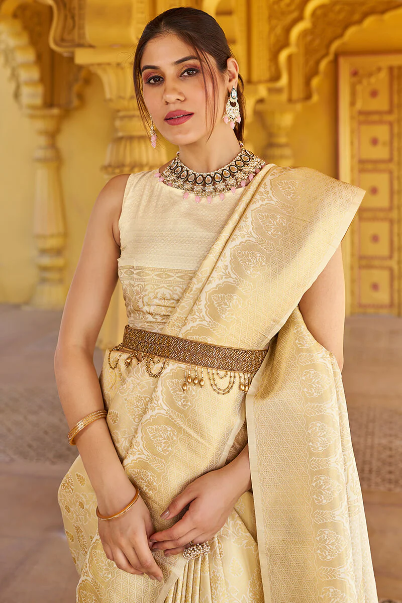 Skinny Beige Kanjivaram Silk Saree With Beautiful Blouse Piece - Image 2