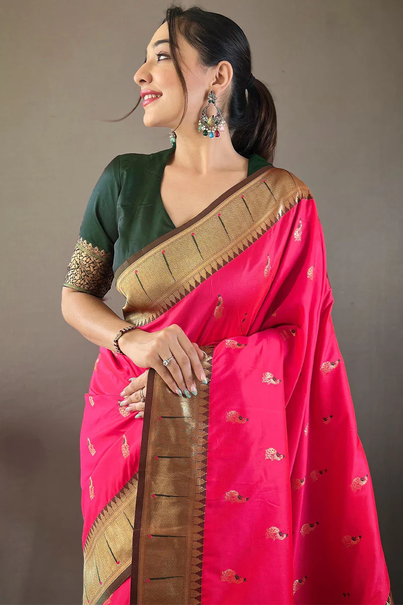 Skinny Dark Pink Paithani Silk Saree With Beautiful Blouse Piece - Image 2