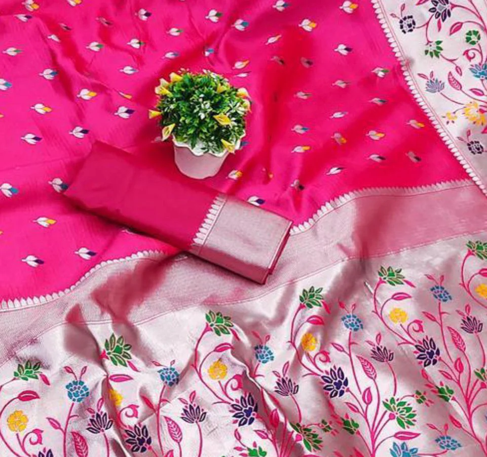 Skinny Dark Pink Paithani Silk Saree With Gleaming Blouse Piece - Image 3