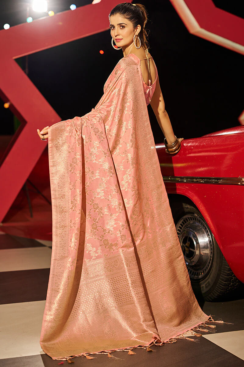Skinny Peach Soft Banarasi Silk Saree With Sophisticated Blouse Piece - Image 5
