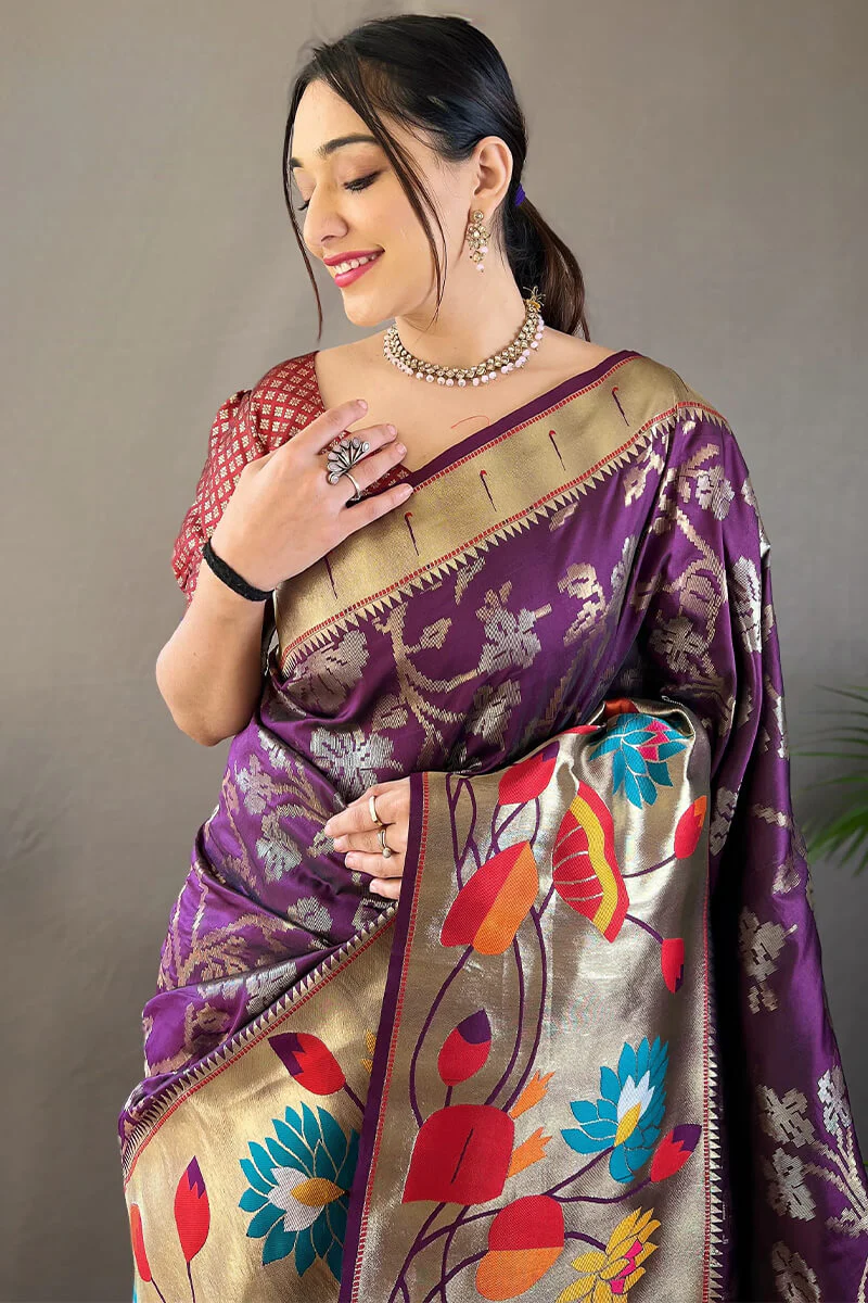 Skinny Purple Paithani Silk Saree With Gratifying Blouse Piece - Image 2