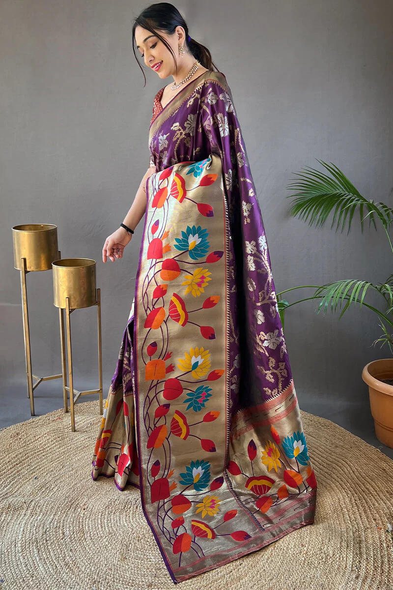 Skinny Purple Paithani Silk Saree With Gratifying Blouse Piece - Image 3