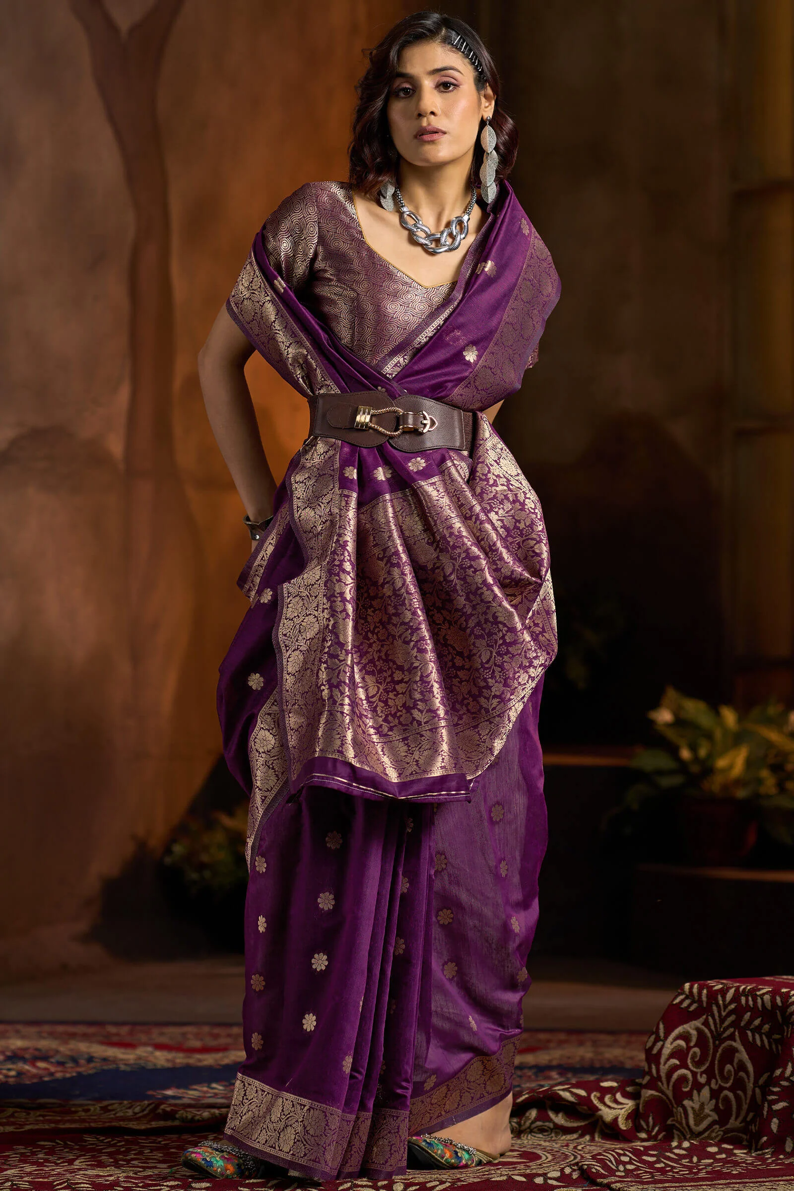 Skinny Wine Soft Banarasi Silk Saree With Staggering Blouse Piece - Image 3