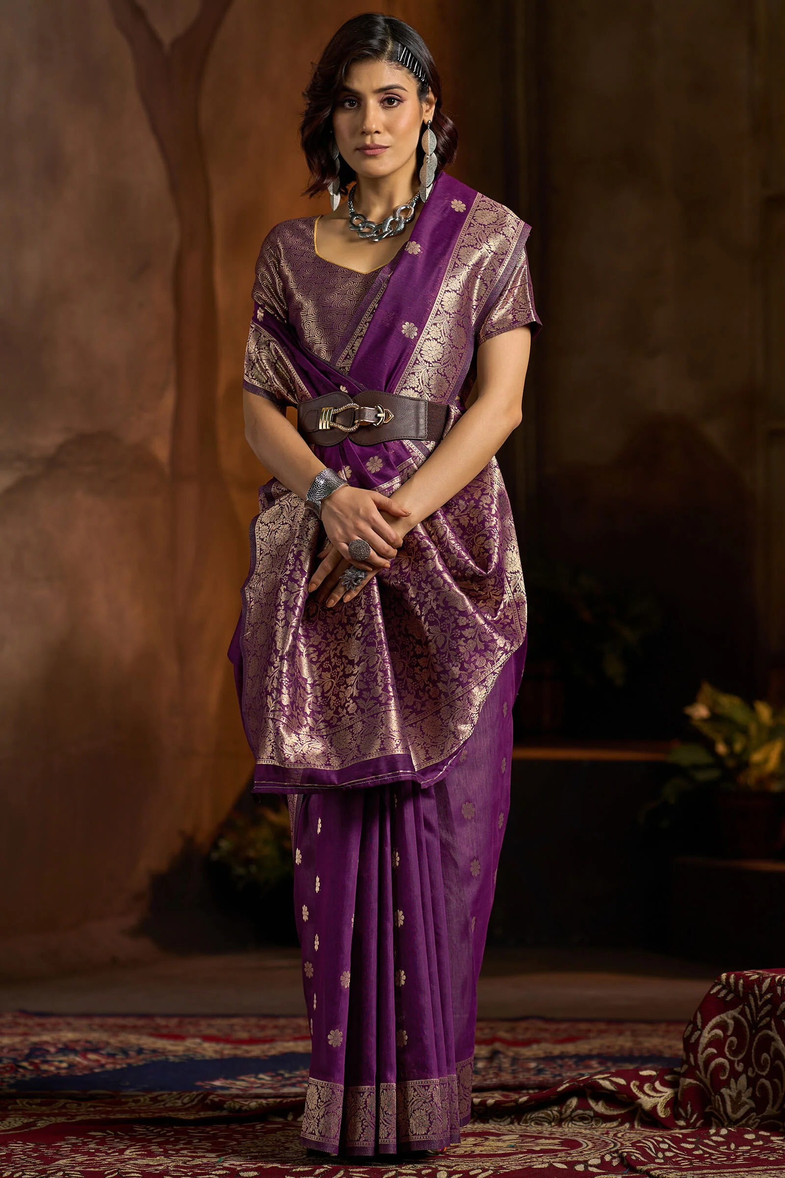 Skinny Wine Soft Banarasi Silk Saree With Staggering Blouse Piece - Image 5