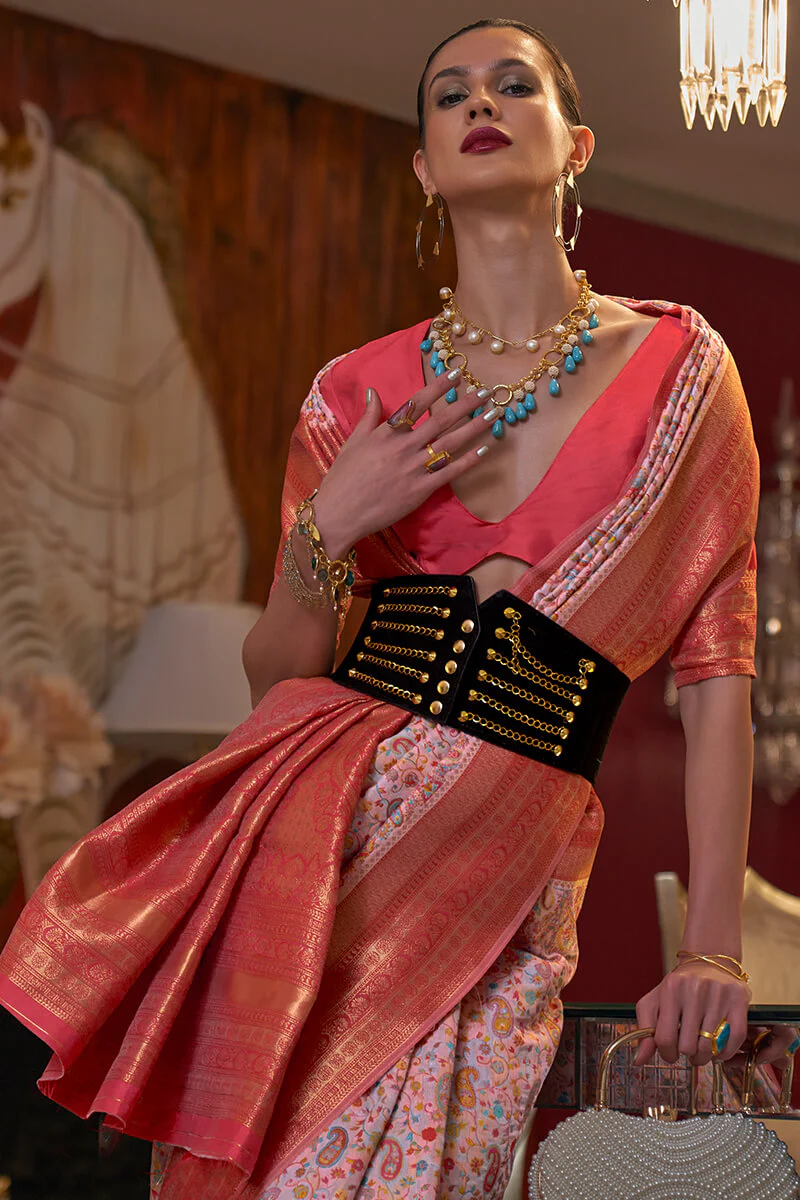 Smart Baby Pink Pashmina saree With Prominent Blouse Piece - Image 2