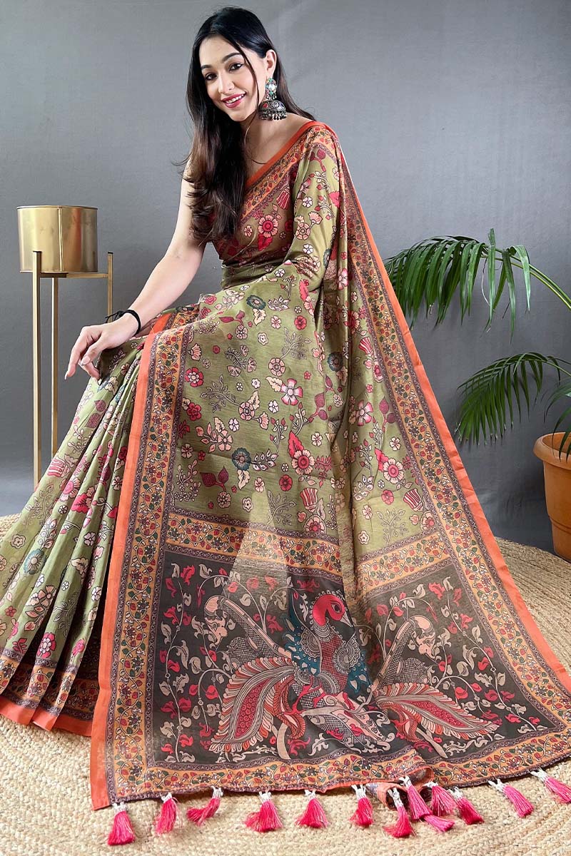 Smart Mehndi Kalamkari Printed Saree With Ethnic Blouse Piece - Image 3