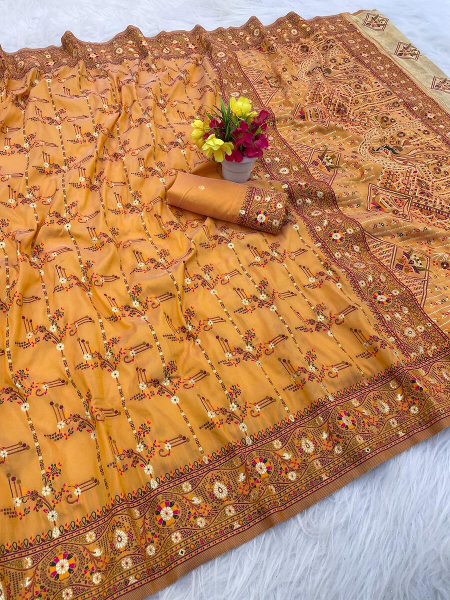 Smart Mustard Nylon Dola Pashmina Saree With Luminous Blouse Piece - Image 2