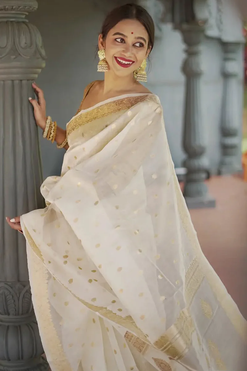 Smart Off White Linen Silk Saree With Hypnotic Blouse Piece - Image 3