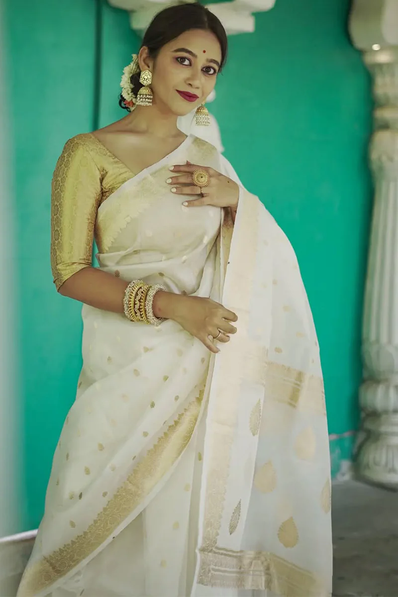 Smart Off White Linen Silk Saree With Hypnotic Blouse Piece - Image 4
