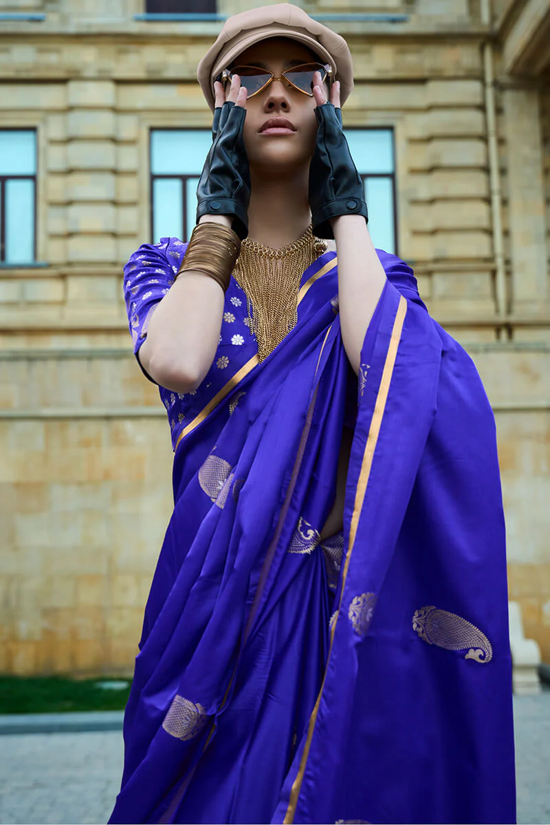 Smart Royal Blue Banarasi Satin Silk Saree With Glorious Blouse - Image 2