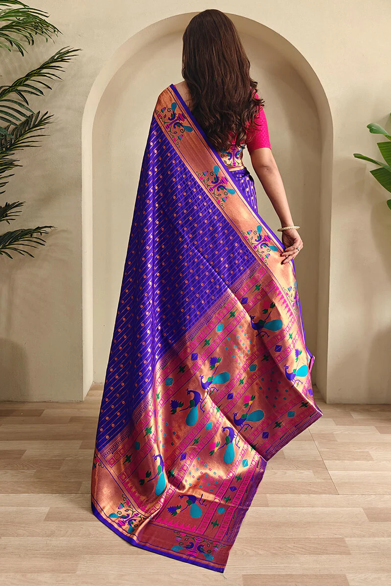 Smart Royal Blue Paithani Silk Saree With Fancifull Blouse Piece - Image 3