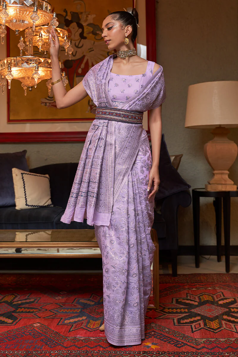Smashing Lavender Cotton Silk Saree With Devastating Blouse Piece - Image 2