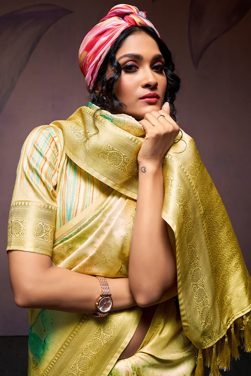 Smashing Mustard Digital Printed Soft Silk Saree With Snappy Blouse Piece - Image 2