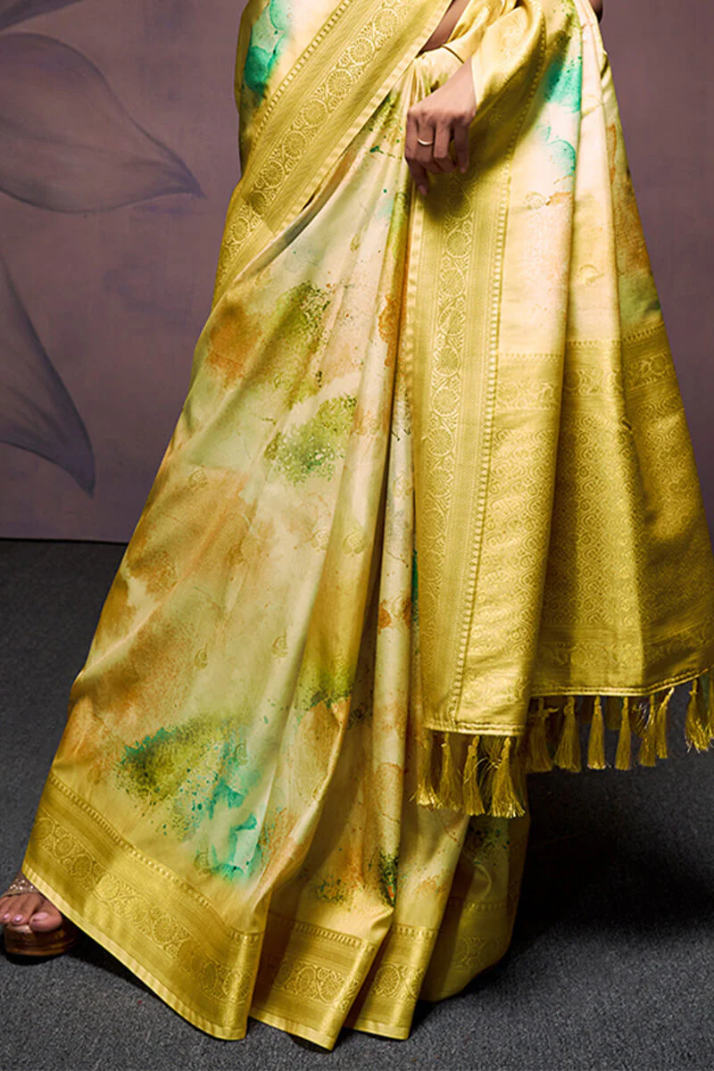 Smashing Mustard Digital Printed Soft Silk Saree With Snappy Blouse Piece - Image 3