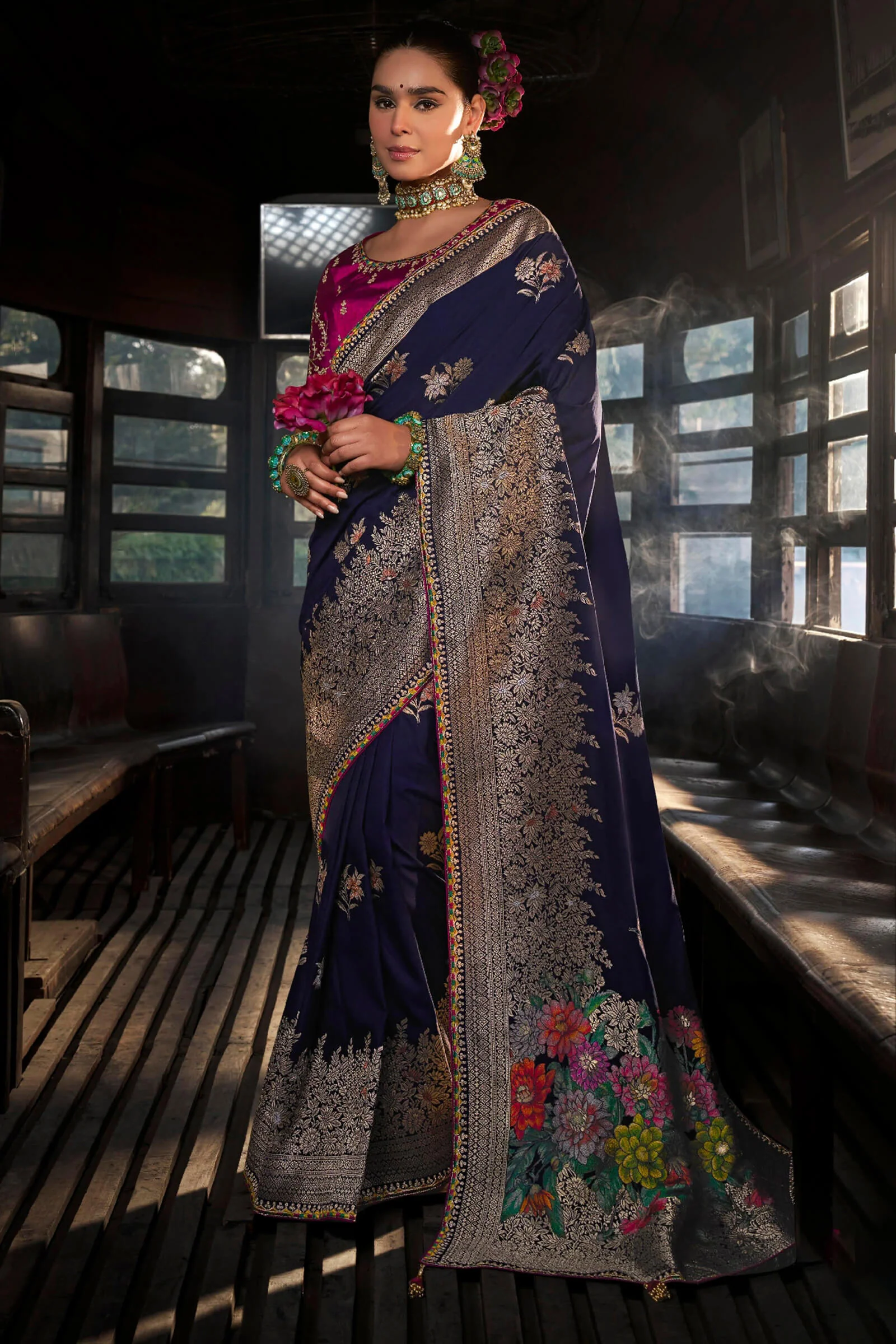 Smashing Navy Blue Pure Viscose Dola Silk Saree With Smart Blouse Piece