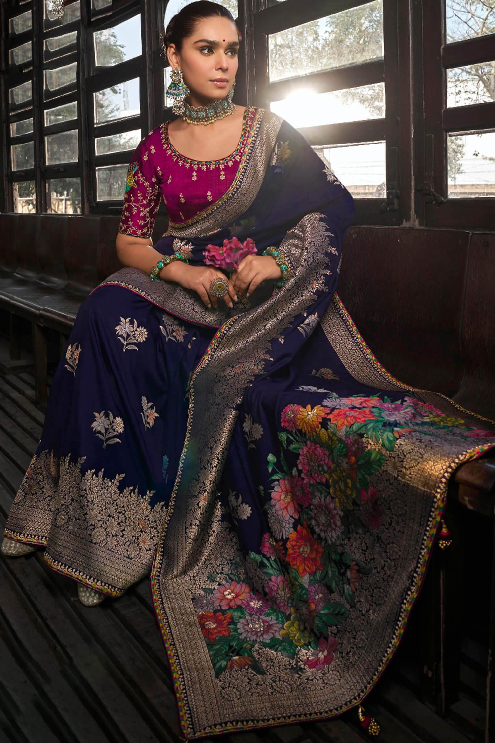 Smashing Navy Blue Pure Viscose Dola Silk Saree With Smart Blouse Piece - Image 2