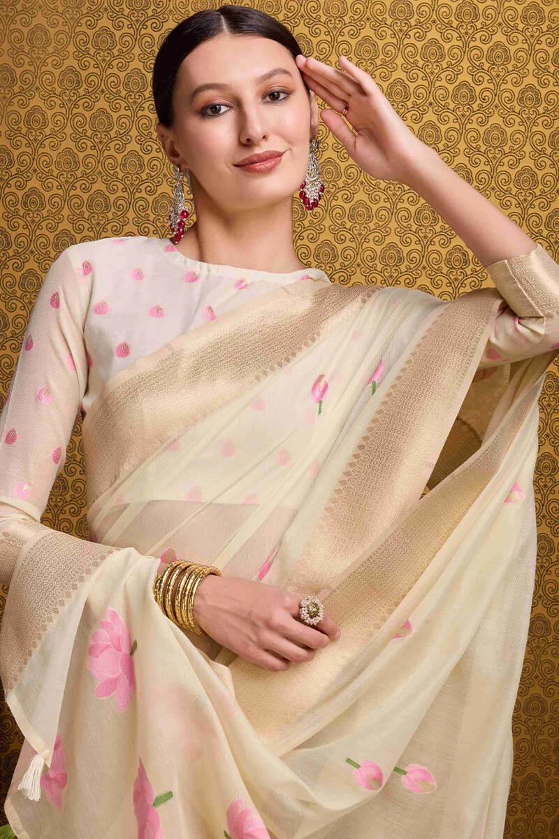 Snappy Beige Cotton Silk Saree With Lovely Blouse Piece - Image 2