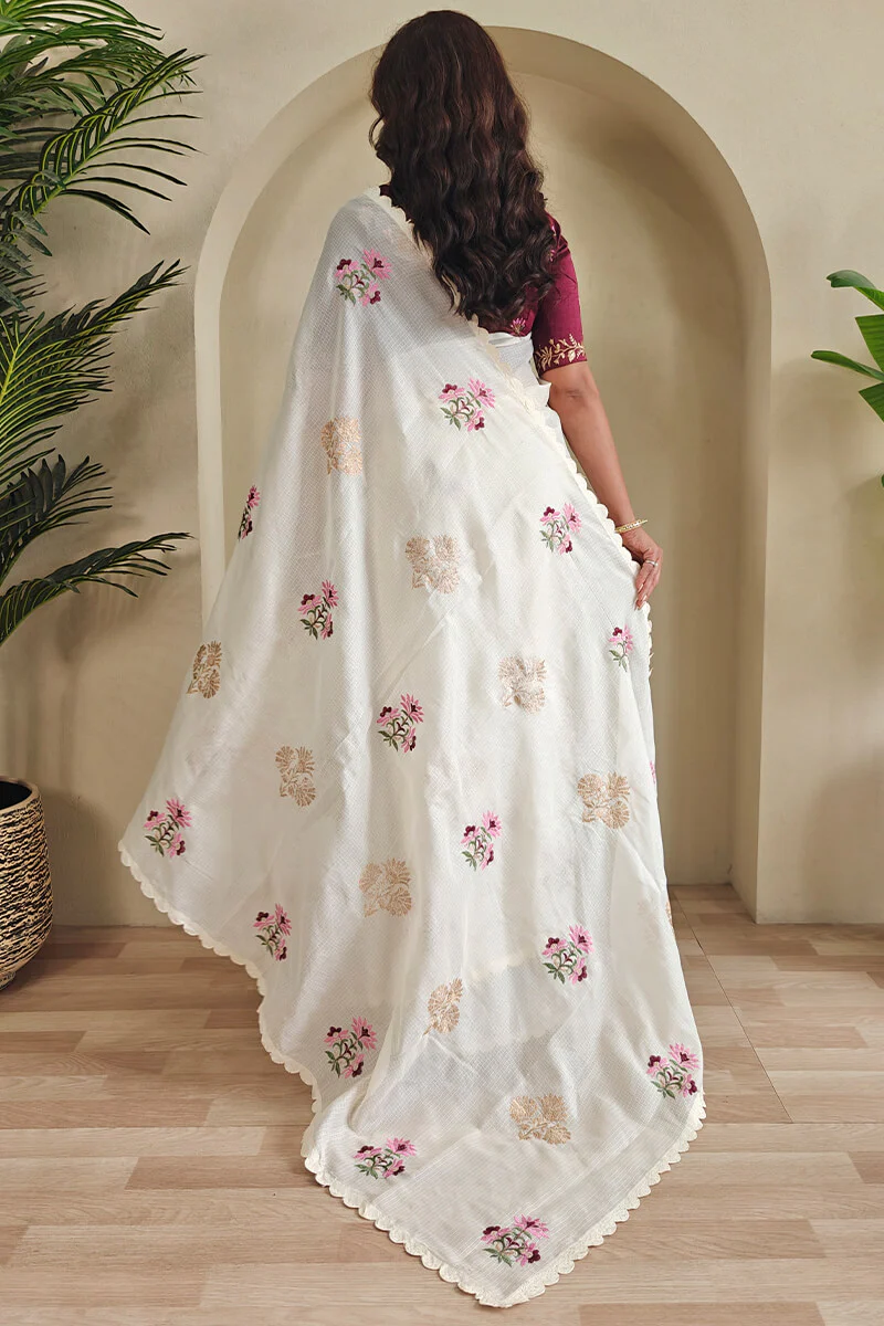 Snappy Beige Embroidery Work Kota Doria Saree With Ethnic Blouse Piece - Image 5