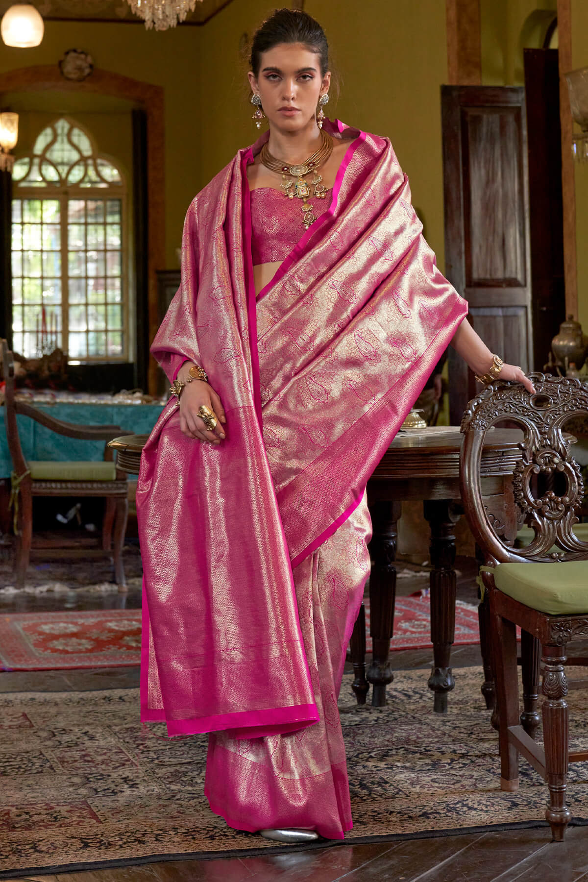 Snappy Dark Pink Kanjivaram Silk Saree With Elegant Blouse Piece - Image 3