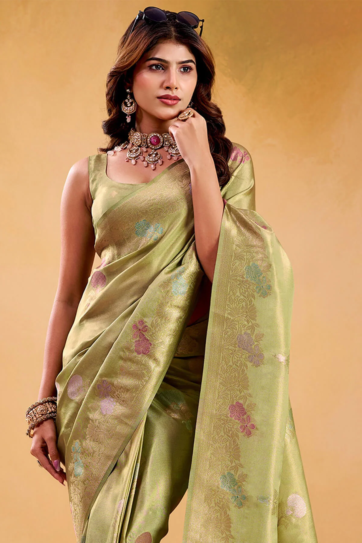Snappy Green Banarasi Tissue Silk Saree With Eye-catching Blouse Piece - Image 2