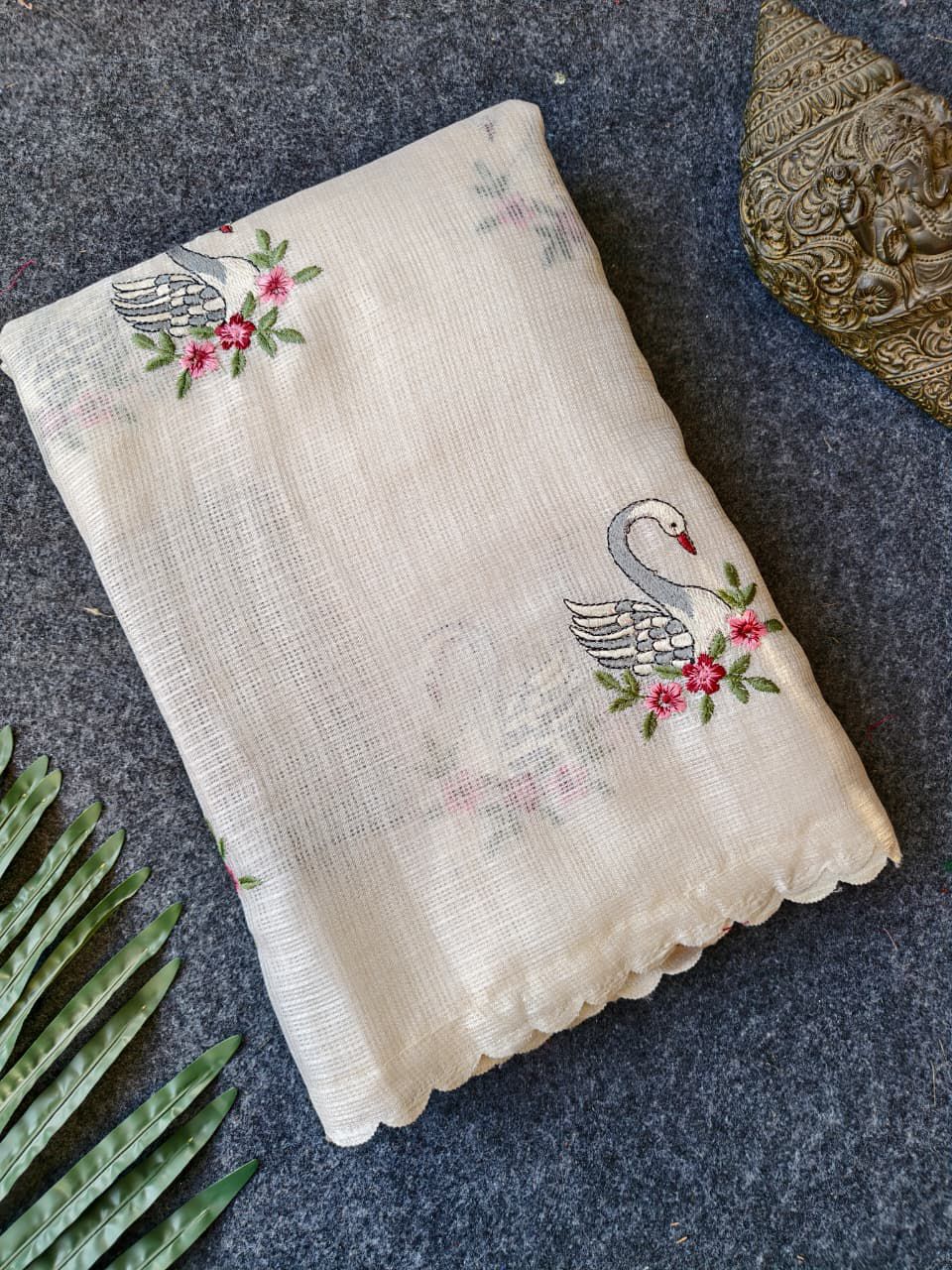Snappy Off White Embroidery Work Kota Doriya Silk Saree With Elegant Blouse Piece - Image 2