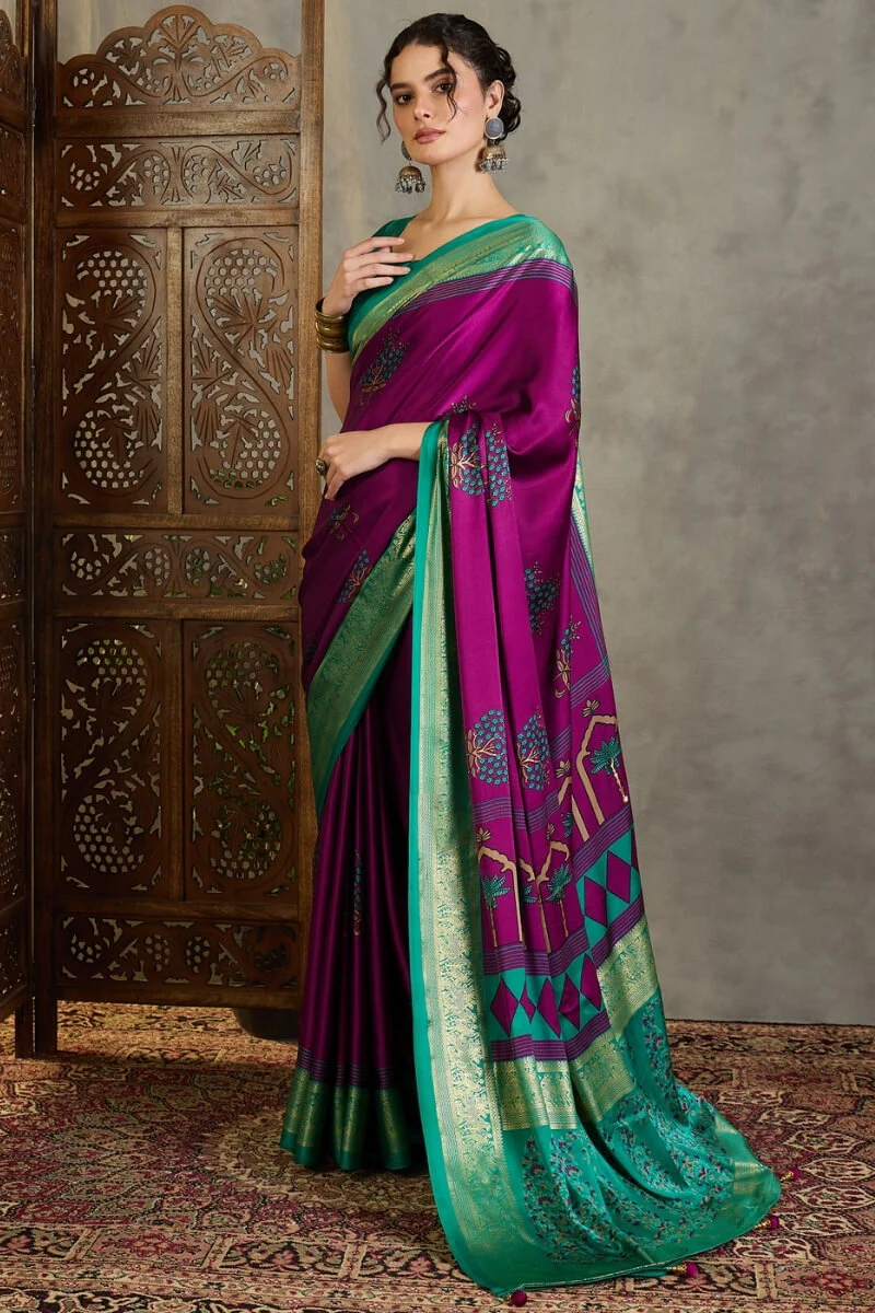 Snappy Purple Ajrakh Printed Semi Modal Silk Saree With Glorious Blouse Piece - Image 3