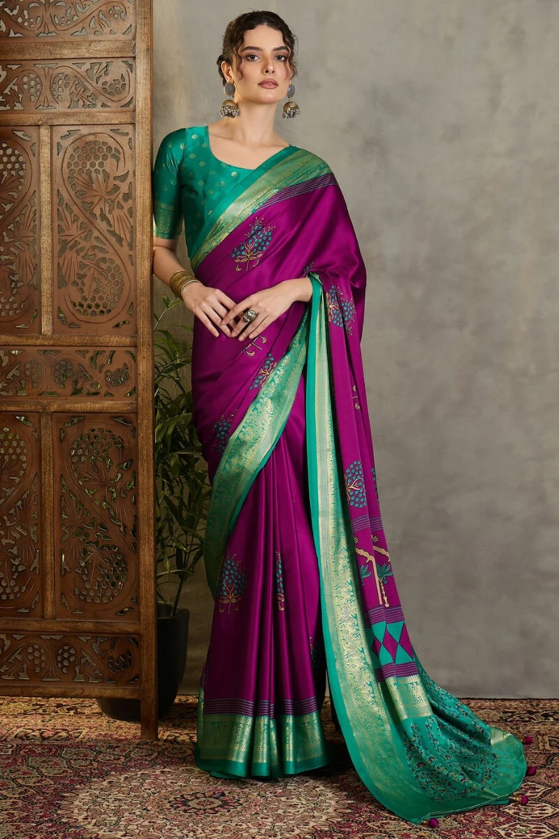 Snappy Purple Ajrakh Printed Semi Modal Silk Saree With Glorious Blouse Piece - Image 5