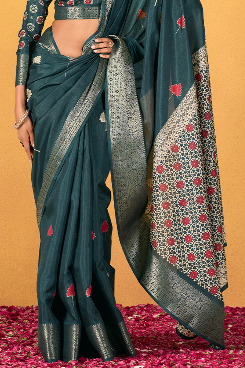 Snappy Rama Foil Printed Dola Silk Saree With Transcendent Blouse Piece - Image 3
