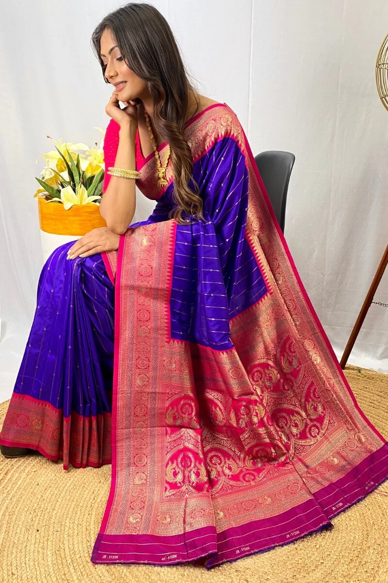 Snappy Royal Blue Soft Banarasi Silk Saree With Elaborate Blouse Piece - Image 3