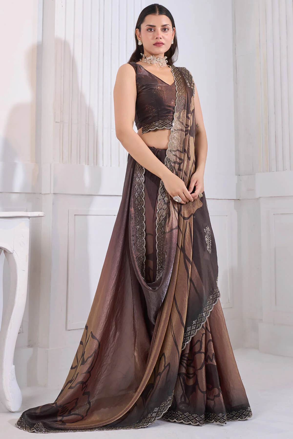 Snazzy Brown Jarkan Work Fandy Silk Saree - Image 5