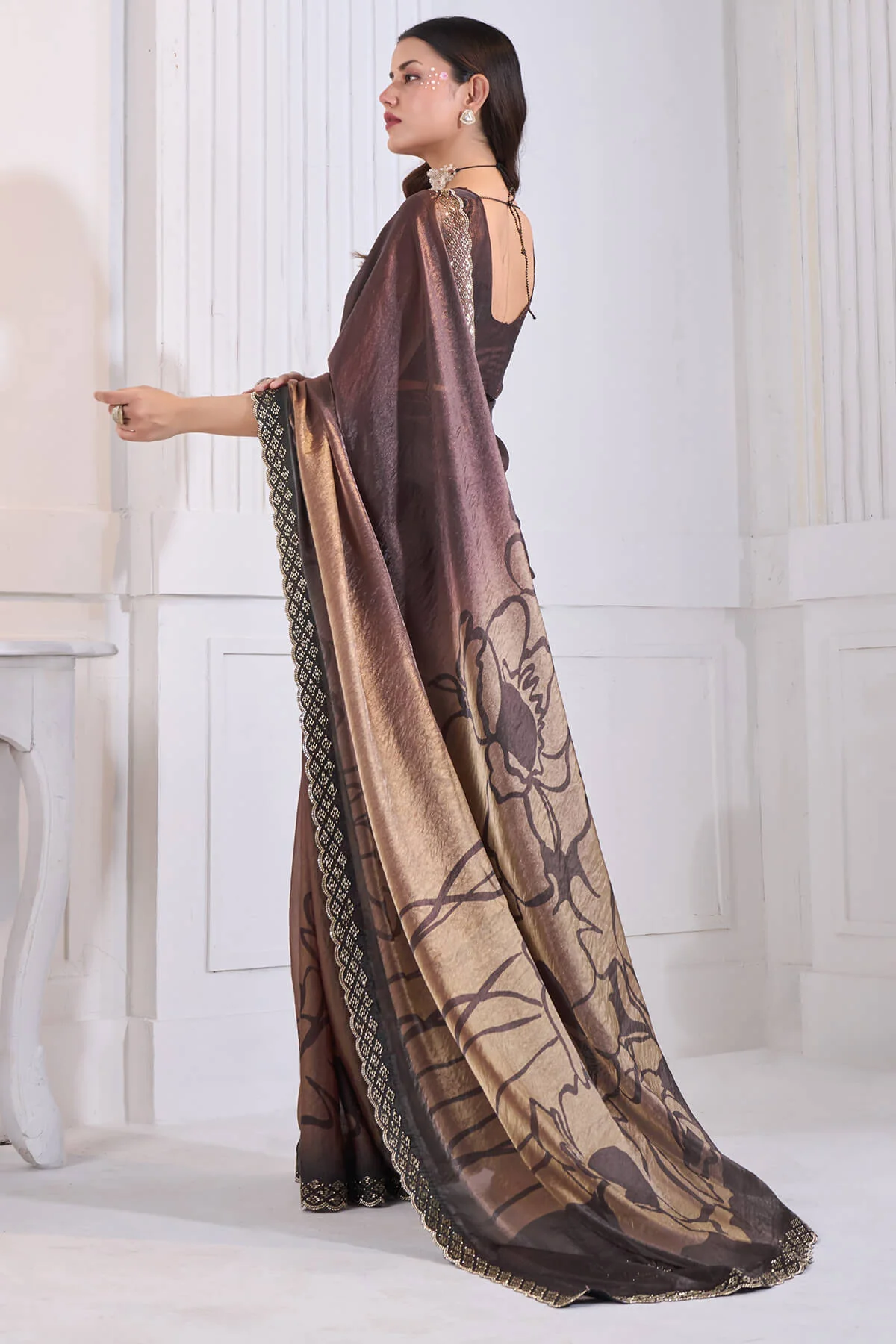 Snazzy Brown Jarkan Work Fandy Silk Saree - Image 6