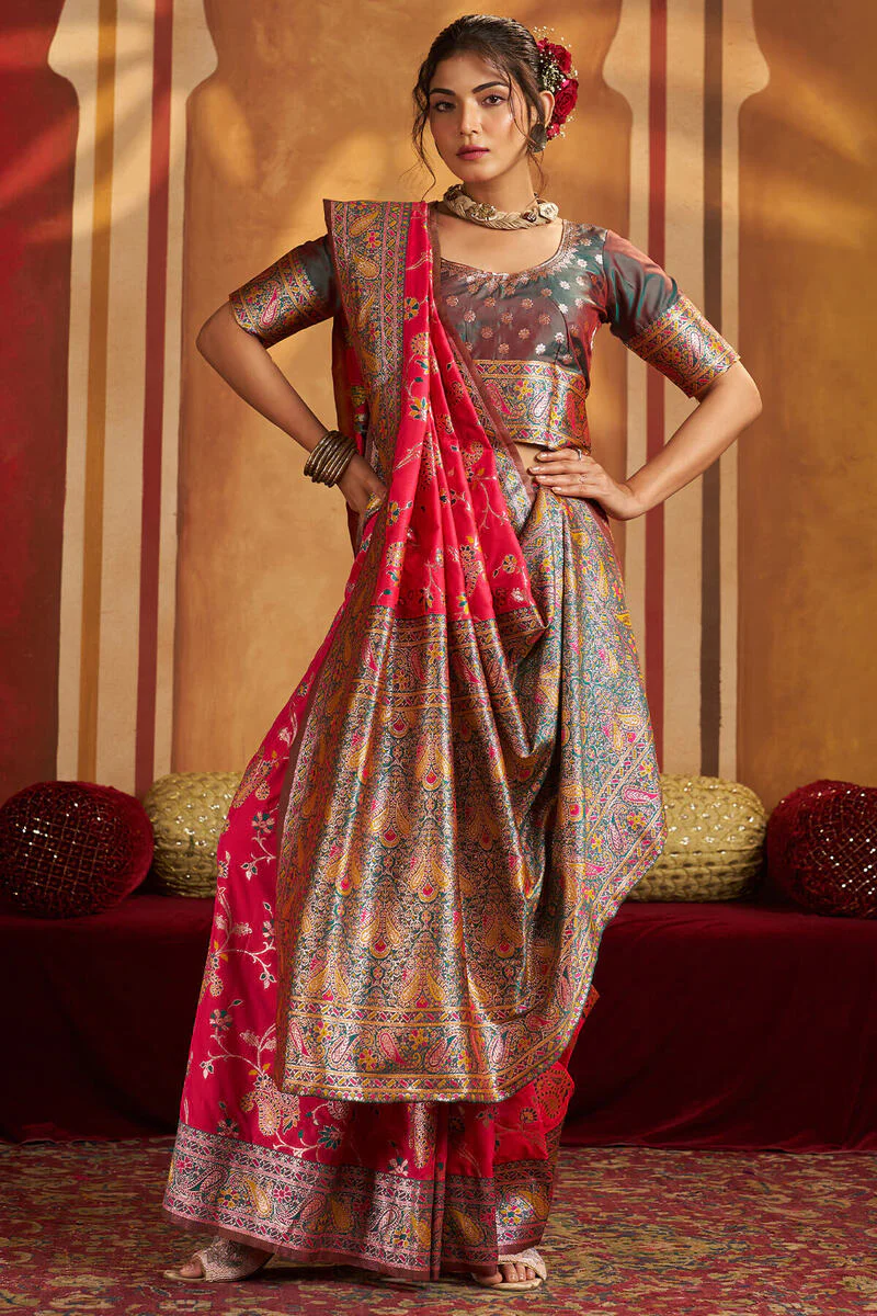 Snazzy Dark Pink Pure Zari Weaving Banarasi Silk Saree With Scintillating Blouse Piece - Image 3