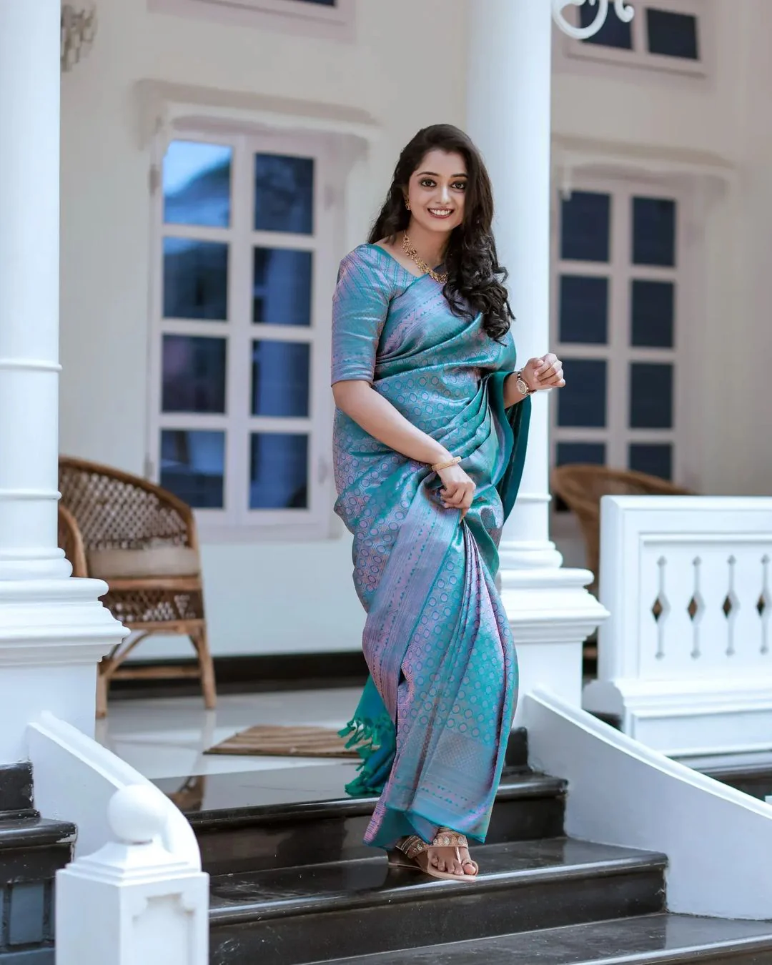 Snazzy Firozi Soft Banarasi Silk Saree with Glittering Blouse Piece - Image 3