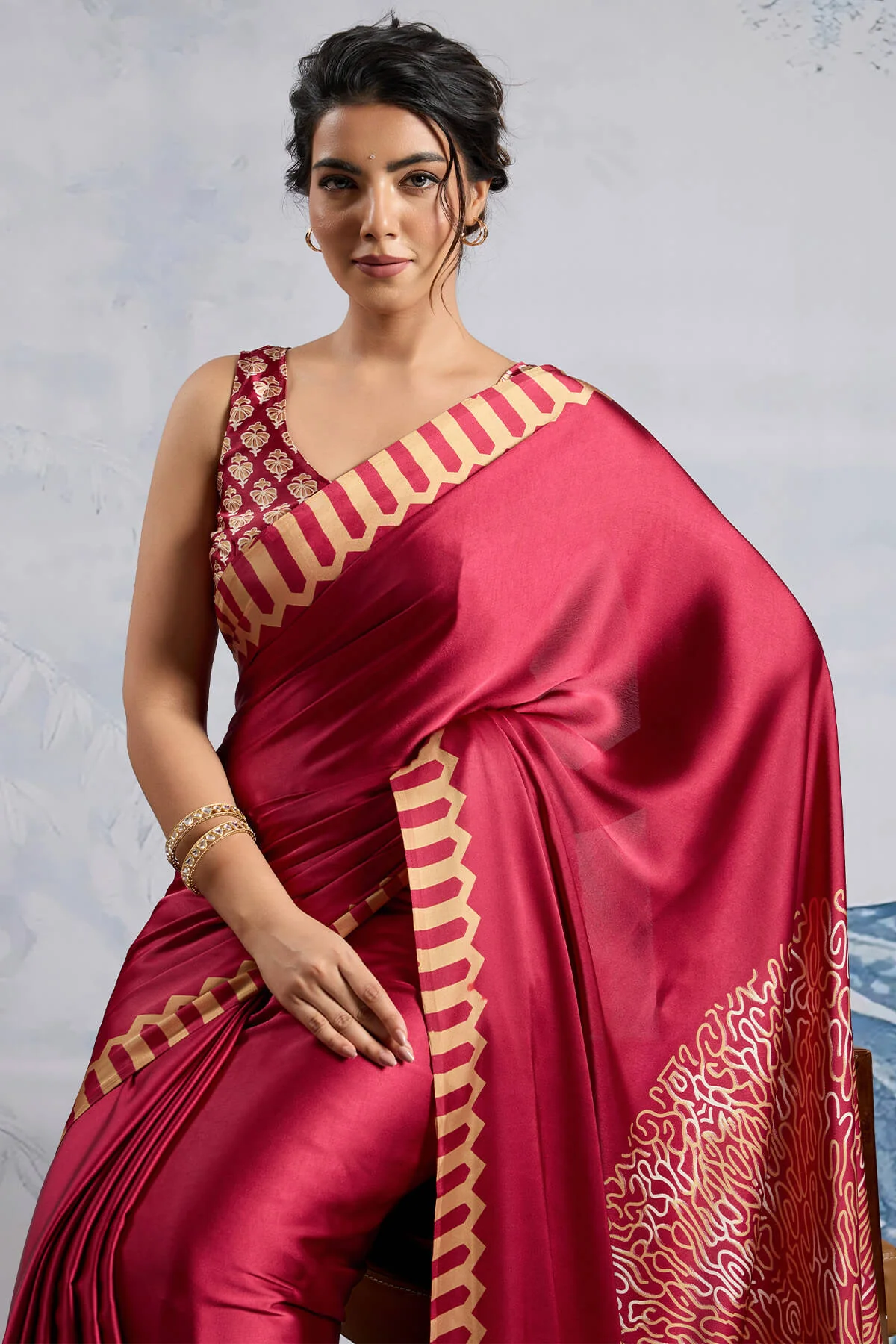 Snazzy Red Ajrakh Printed Satin Silk Saree With Whimsical Blouse Piece - Image 2