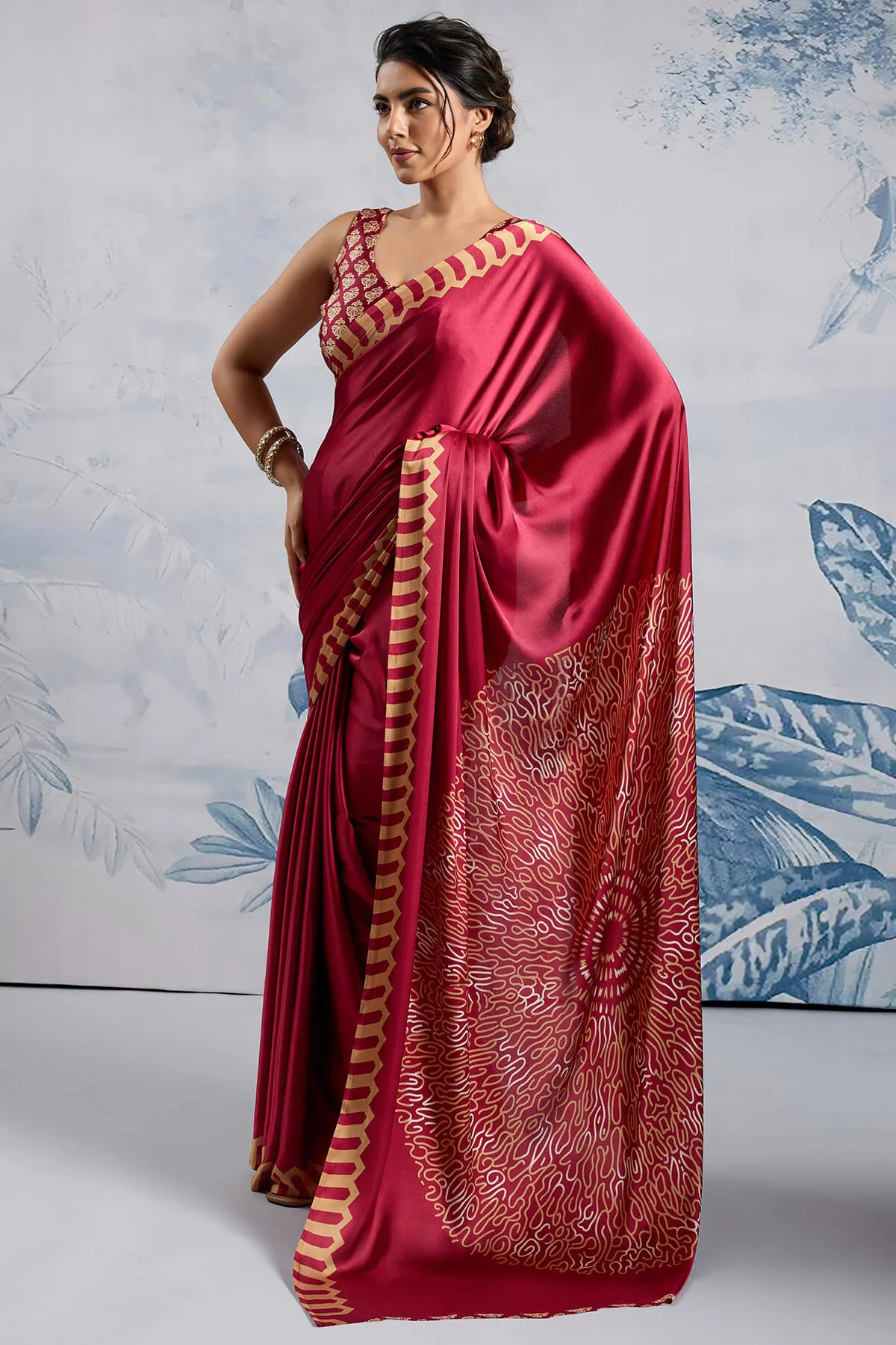 Snazzy Red Ajrakh Printed Satin Silk Saree With Whimsical Blouse Piece - Image 3
