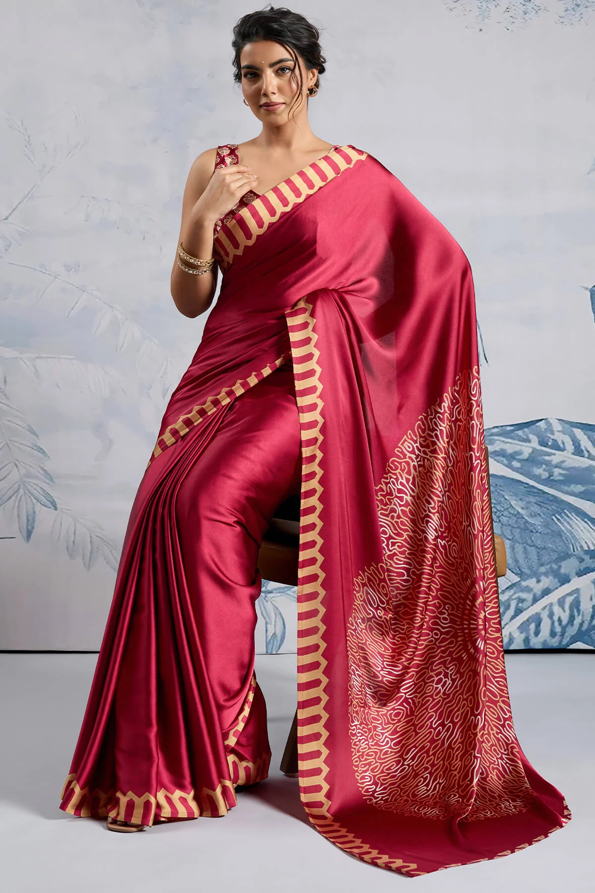 Snazzy Red Ajrakh Printed Satin Silk Saree With Whimsical Blouse Piece - Image 5