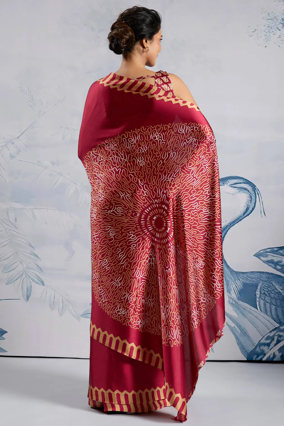 Snazzy Red Ajrakh Printed Satin Silk Saree With Whimsical Blouse Piece - Image 6