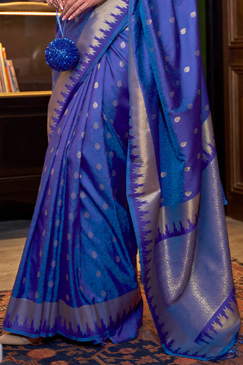 Snazzy Royal Blue Soft Banarasi Silk Saree With Exuberant Blouse Piece - Image 3