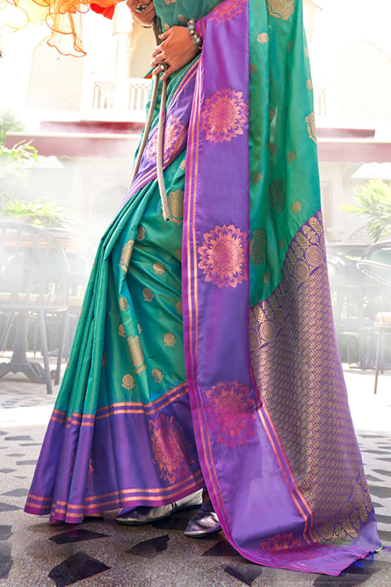 Snazzy Sea Green Soft Banarasi Silk Saree With Staggering Blouse Piece - Image 3