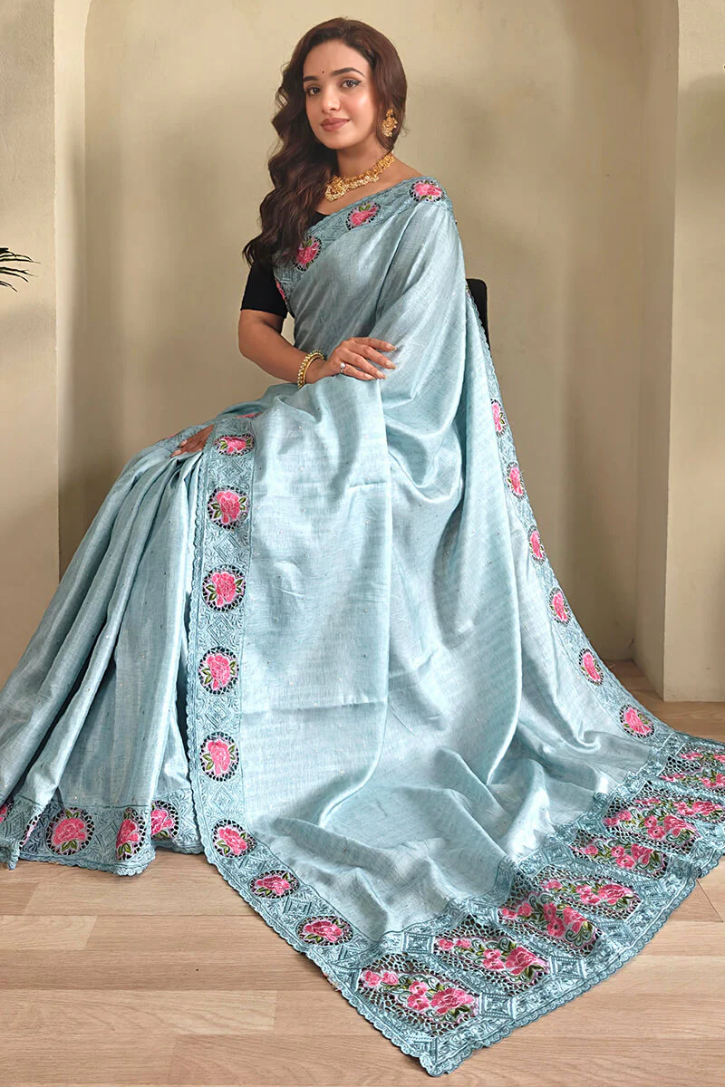 Snazzy Sky Embroidery Work Tussar Silk Saree With Preferable Blouse Piece - Image 4