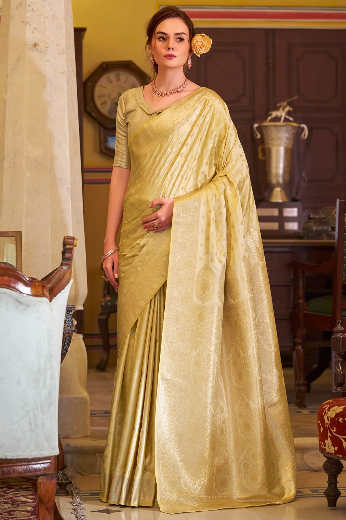 Snazzy Yellow Banarasi Satin Silk Saree With Amazing Blouse