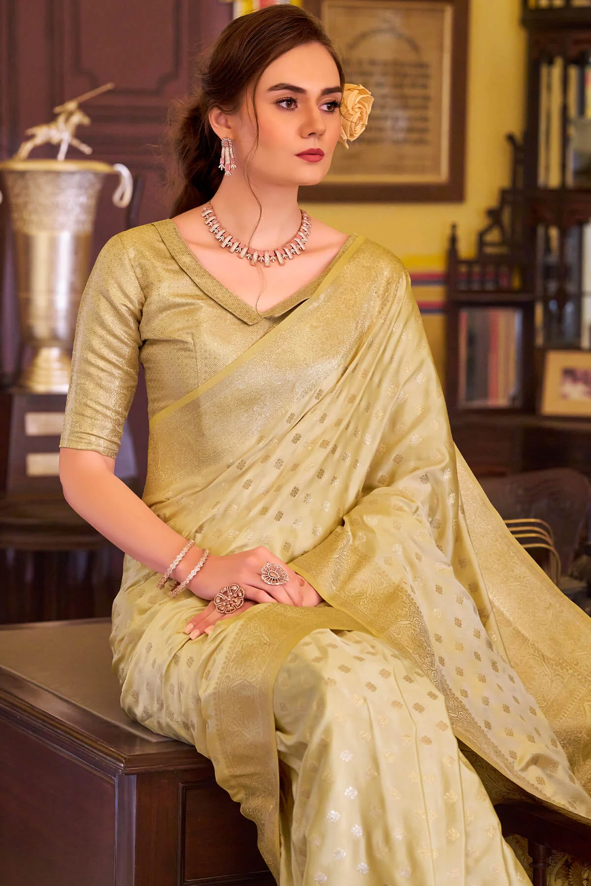 Snazzy Yellow Banarasi Satin Silk Saree With Amazing Blouse - Image 2
