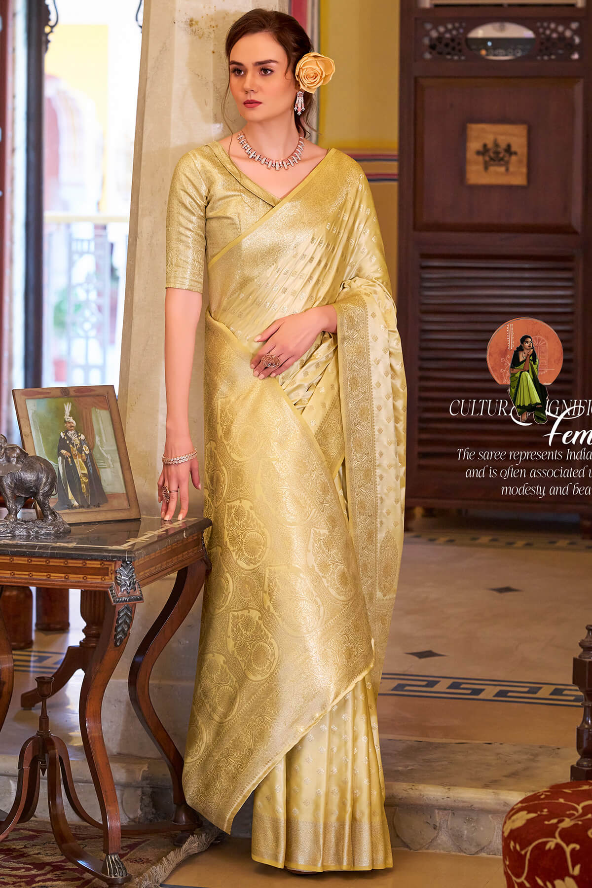Snazzy Yellow Banarasi Satin Silk Saree With Amazing Blouse - Image 3